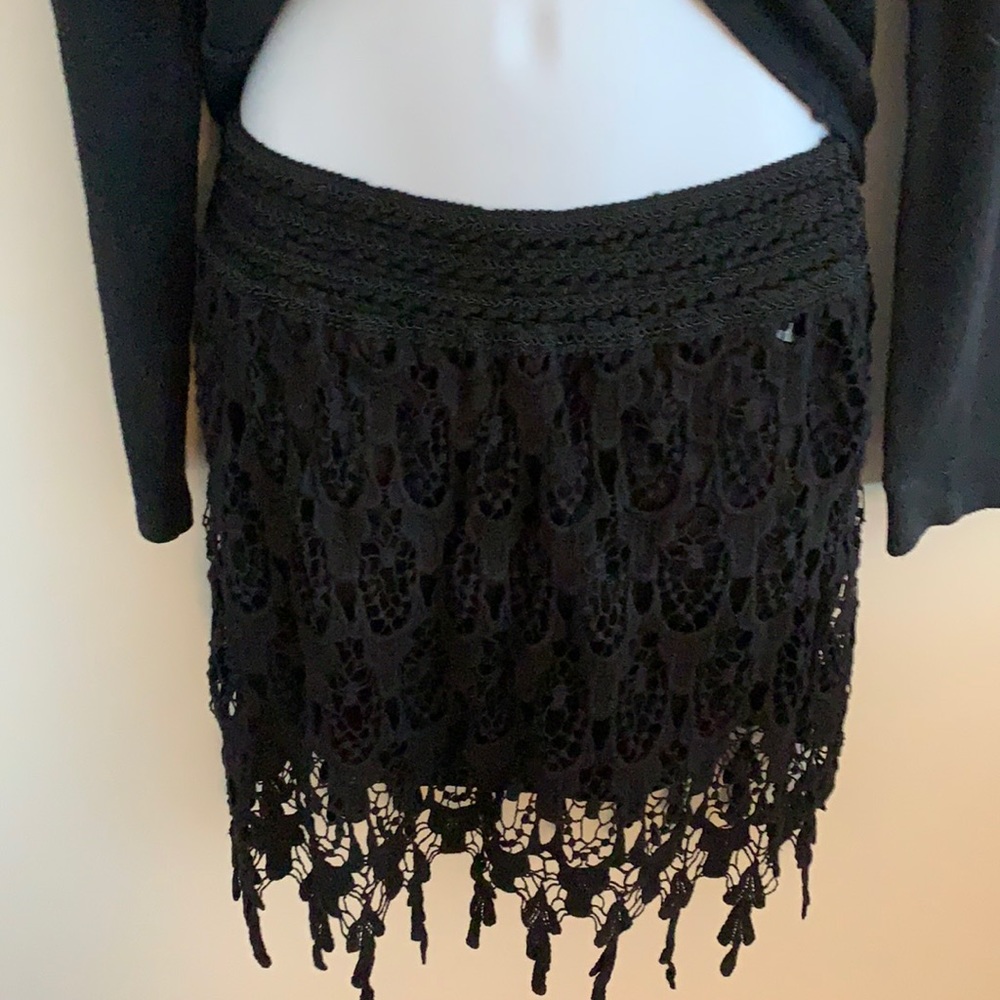 Black fringe skirt with lace crochet overlay
